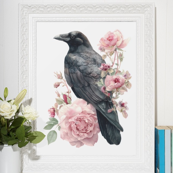 Watercolor Floral Black Crow Wall Art Print Unframed - Black Bird Illustration - Picture 6 of 6